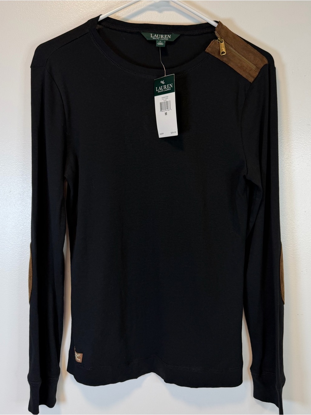 Lauren Ralph Lauren Black Crewneck equestrian-style faux suede Size Medium
